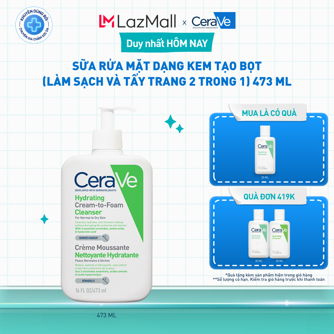 Sữa rửa mặt dạng kem tạo bọt (làm sạch và tẩy trang 2 trong 1) Hydrating Cream-to-Foam Cleanser 473ml