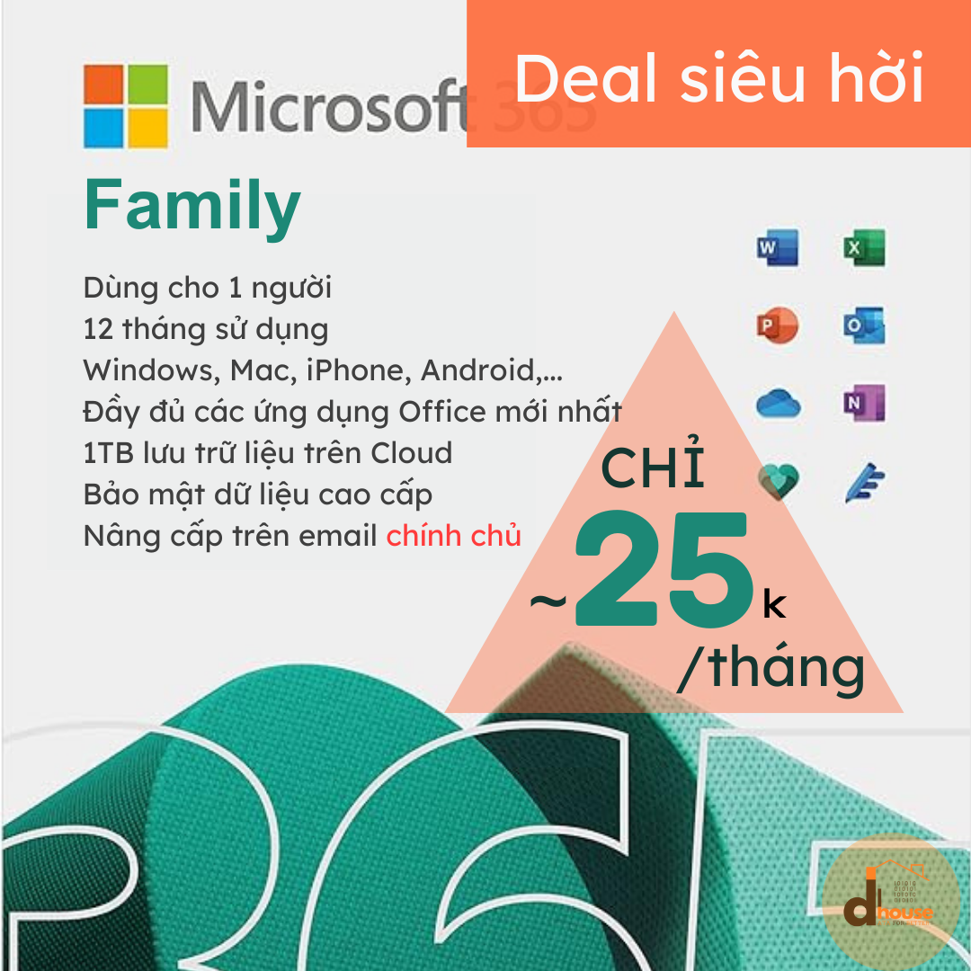 Phần mềm Microsoft Office 365 Family/ Personal| 6 hoặc 12 tháng | Dành cho 1 người| 5 thiết bị | 1TB