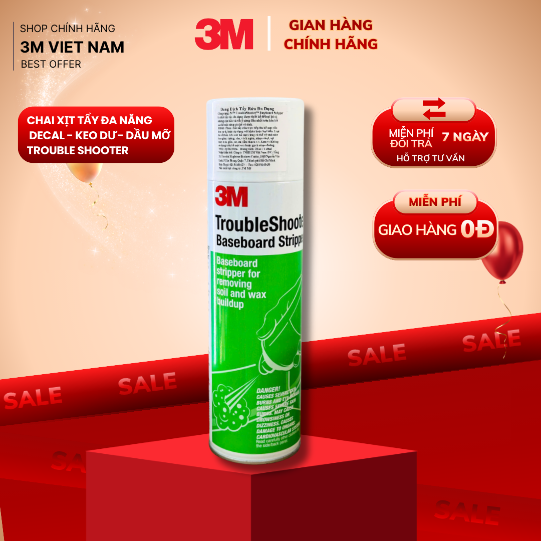 Chai Tẩy Đa Năng Keo Decal ...Tường, Sàn, Vách ngăn, Nhựa Vinyl. Sợi thủy tinh Gốm, sứ, Đá. Cẩm thạch 3M TroubleShooter 21OZ