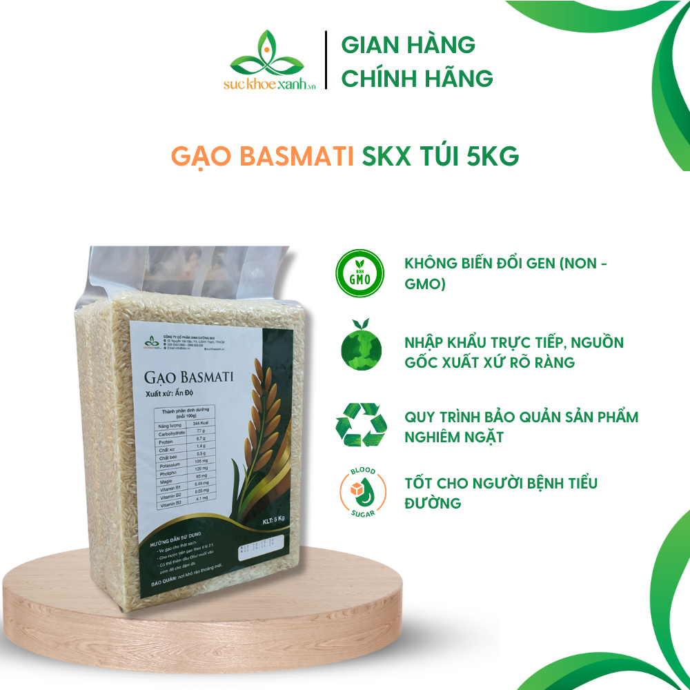 Gạo Basmati India ngăn ngừa tiểu đường - 5kg/túi - Nhập khẩu Ấn Độ chính hãng
