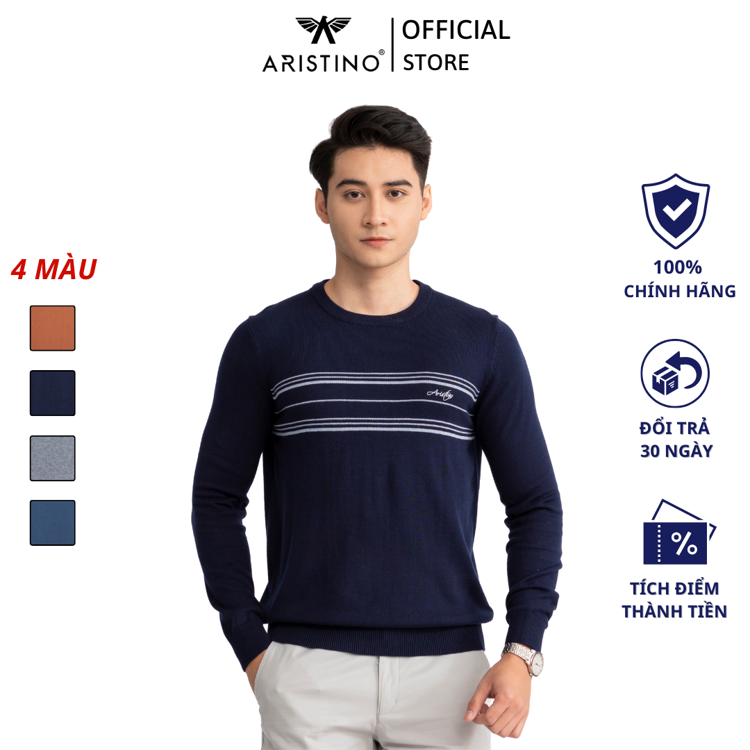 Áo len nam Aristino thiết kế cổ tròn, dệt ngang áo tinh tế, chất mềm mại