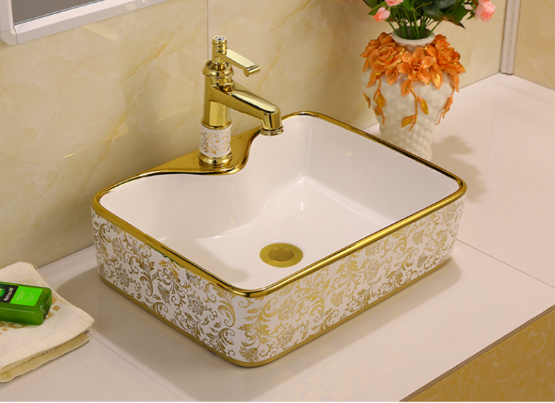Chậu sứ lavabo vuông để bàn vân cổ điển màu vàng tuyệt đẹp