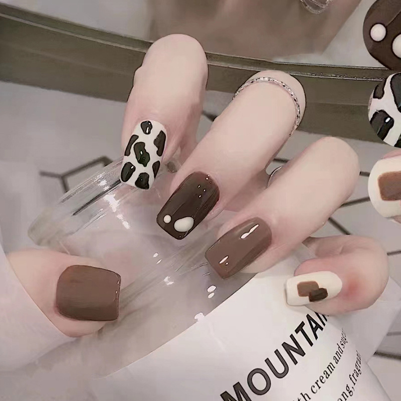 Bộ 24 móng tay giả nailbox nâu cà phê đốm 💖💖 sẵn keo dán 💖💖