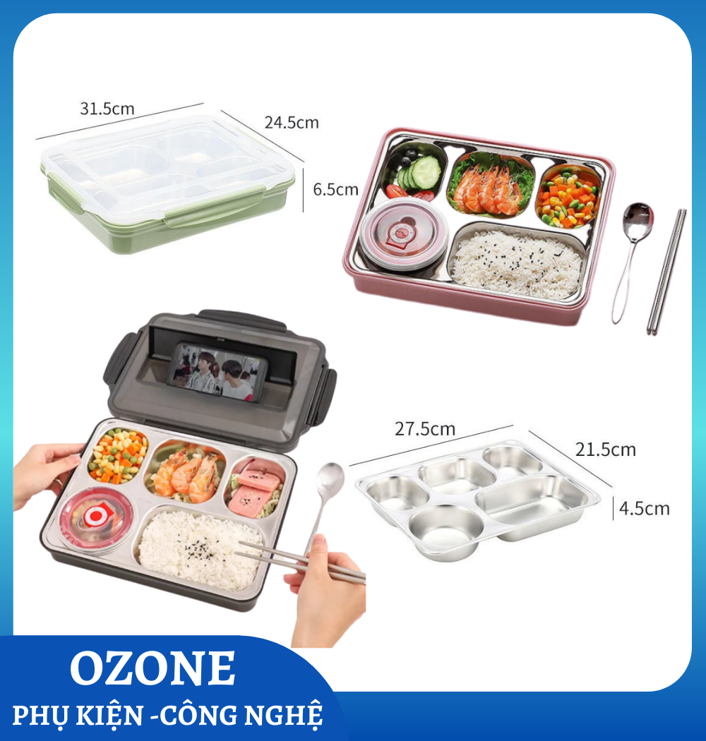 Khay Cơm 5 Phần Lookbook Ngăn Nhỏ và Lớn Inox 304 Cao Cấp -  Khay Có Nắp Nhựa PP Cùng Các Khớp Khóa Giữ Nhiệt Chống Tràn Tuyệt Đối