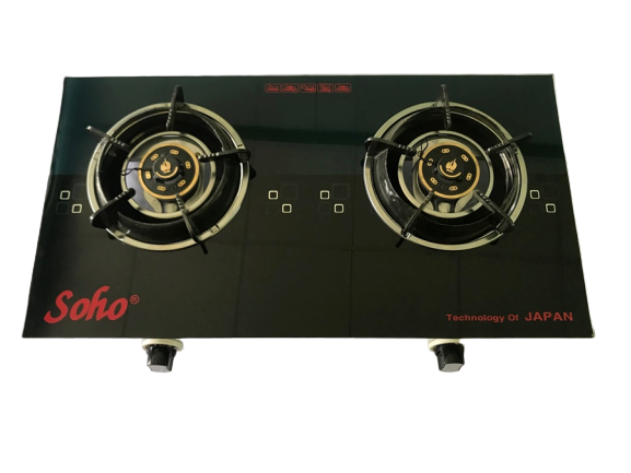 Bếp gas đôi mặt kính SOHO - 65GLS  toàn thân inox, Kiềng Chắn gió siêu dầy, hoa sen đốt bằng đồng thau đúc nguyên khối,Cực chất lượng