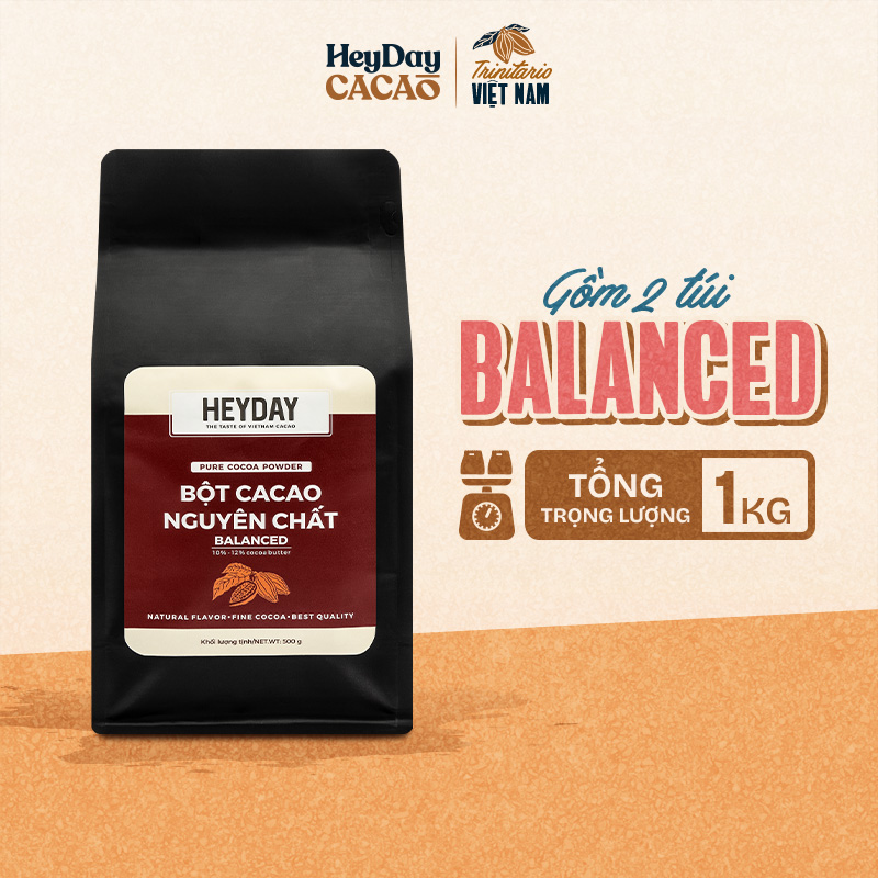 1Kg Bột cacao nguyên chất Việt Nam không đường Heyday - Balanced 12% bơ cacao tự nhiên - Hỗ trợ giảm cân - Keto - Vị socola nguyên bản - Không hương liệu, phụ gia - Túi Zip