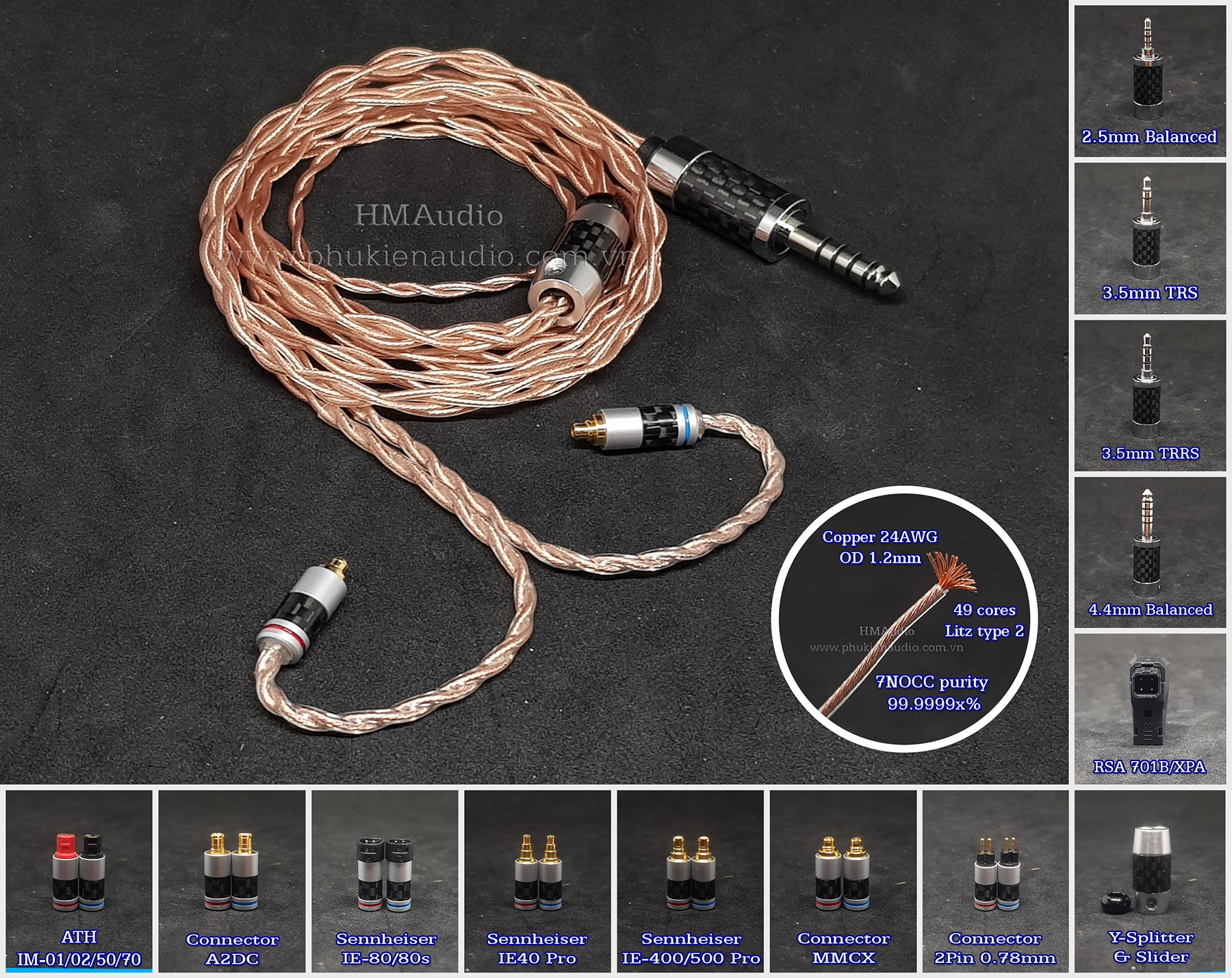 Dây tai nghe đồng 7n occ litz 24awg 1.2mm tết 4 - connetor im01/02/03/50/70 a2dc ie80/80s ie40pro ie100/400/500 ie300/900 2pin 0.78mm