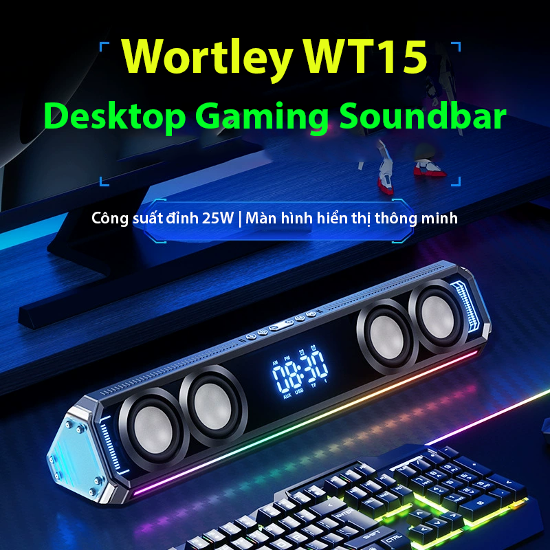 Loa Soundbar Bluetooth Wortley WT15 Pro Công Suất đỉnh 25 Âm Thanh 7.1 - LED RGB Nháy Theo Nhạc, Màn Hình Gương Đồng Hồ Hẹn Giờ, Mic HD Khử Vang ENC Cho Máy Tính PC Laptop Điện Thoại