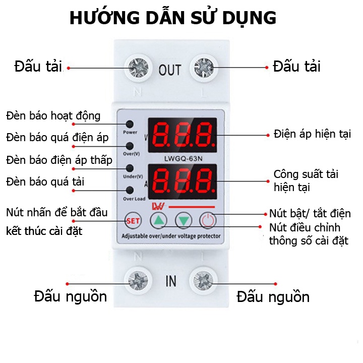 Bảo vệ mất dây trung tính, quá áp, thấp áp, quá dòng 63A LW