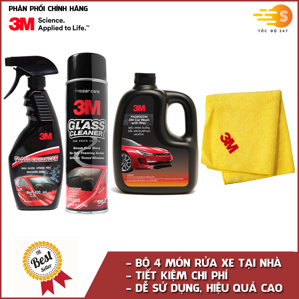 Bộ 4 sản phẩm rửa xe chuyên nghiệp 3m tại nhà bao gồm dung dịch rửa xe 2in1 1 lít pn39000w , khăn lau chuyên dụng 50400vl, dung dịch rửa kính ô tô 3m 08888, tăng độ bóng sơn ô tô 39034lt