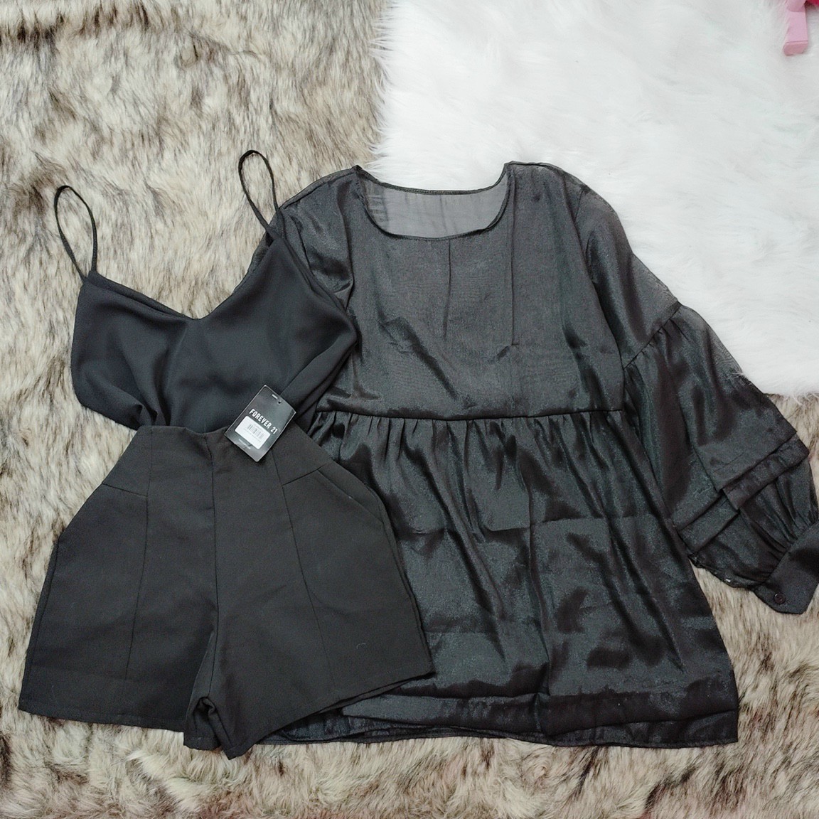 [SET 3 MÓN] SET ÁO 2 DÂY TIM QUẦN SHORT TUYẾT MƯA KÈM ÁO BABYDOLL FORM DÀI TRẮNG ĐEN