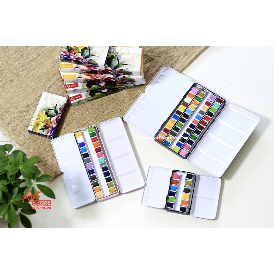 Màu nước dạng nén Sunway hộp thiếc 12/24/48