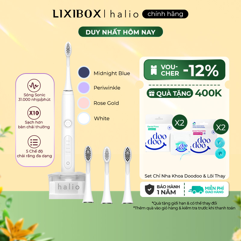 Combo Bàn Chải Điện Làm Trắng Răng Halio Sonic Whitening Electric Toothbrush PRO White Và 2 Đầu Bàn Chải Thay Thế