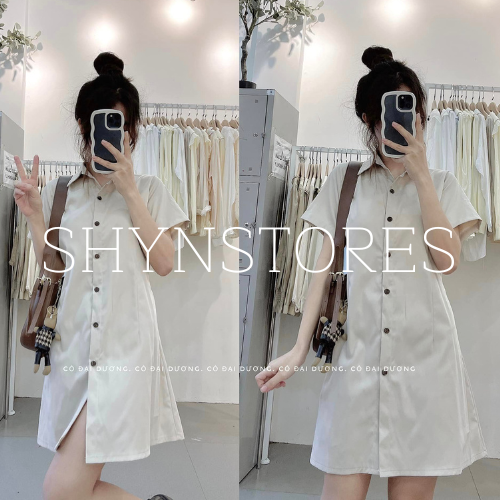 Sỉ Đầm sơ mi nữ - váy sơ mi dáng suông vải thô cúc dọc ngắn tay chít li eo