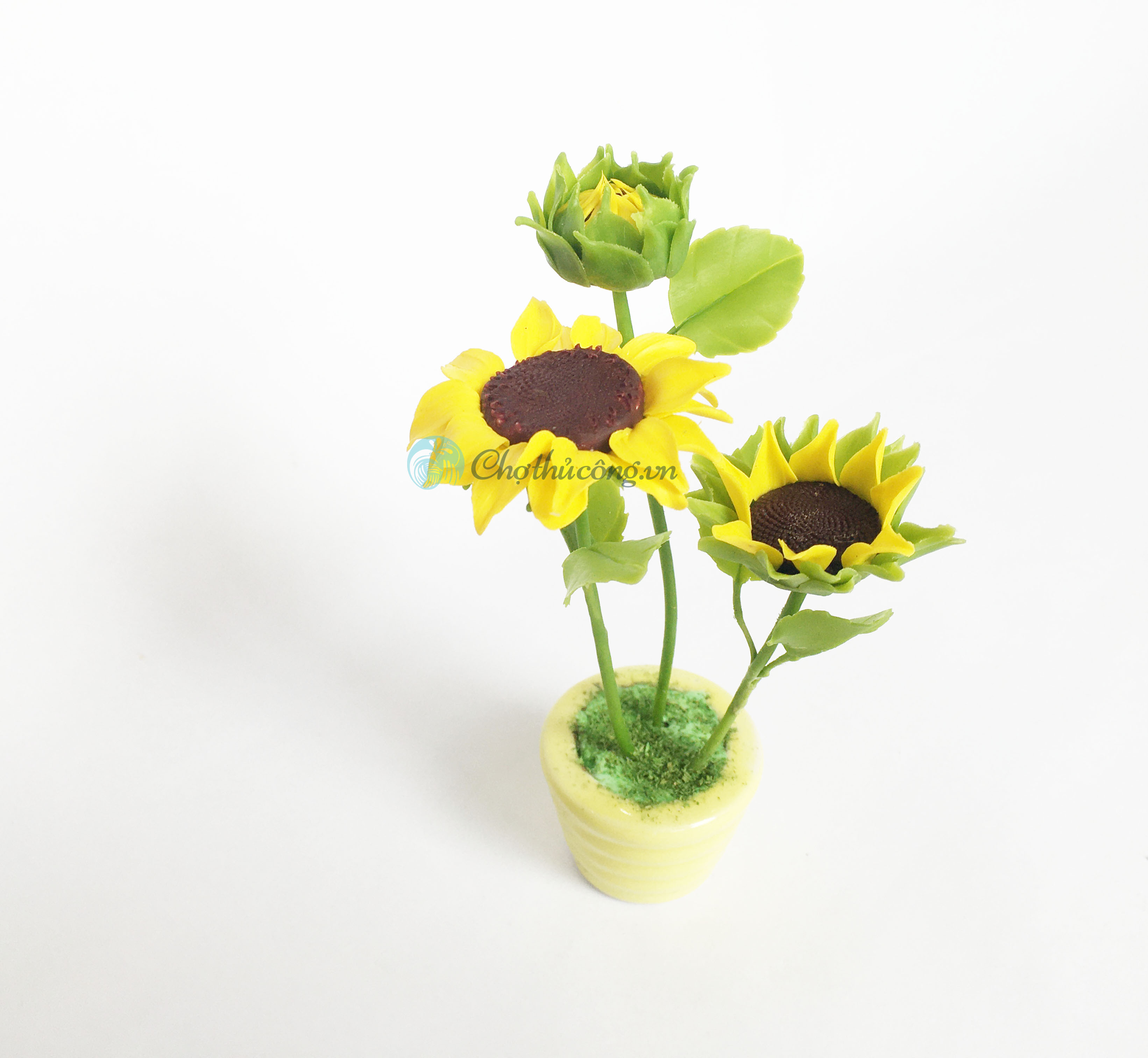 Chậu hoa hướng dương đất sét mini Nhật Thái, chậu cây mini hoa handmade - chậu hoa giả để bàn, quà tặng handmade