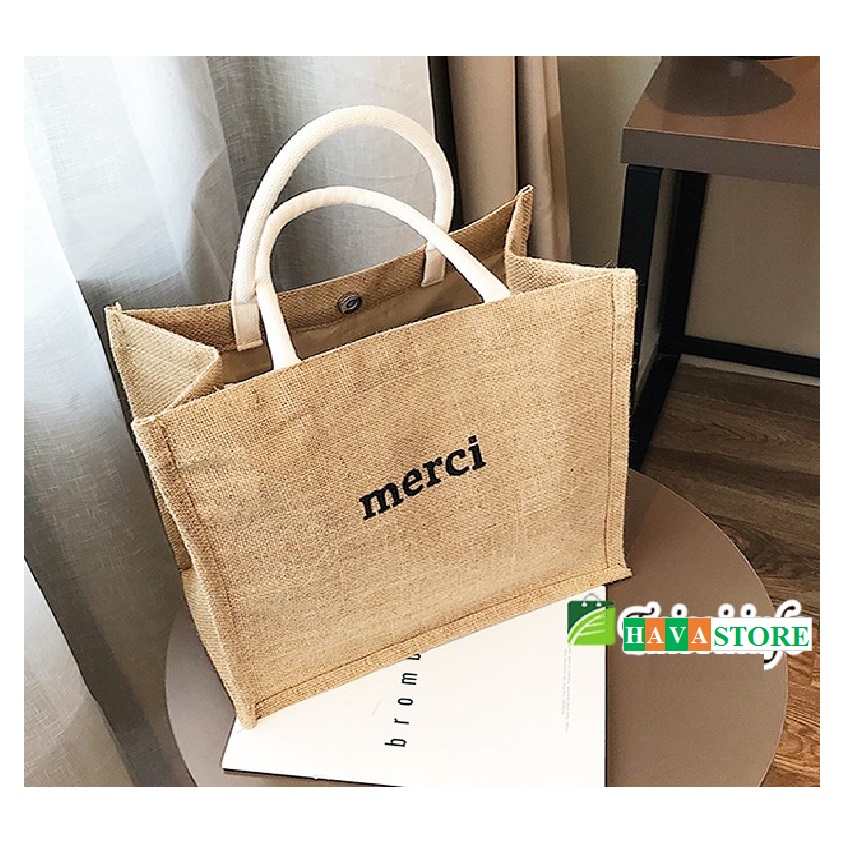 Túi cói Merci đi du lịch túi cói size to size to 32x35cm Có Lót và Khóa Kéo Bên Trong Ecomart sài Gòn