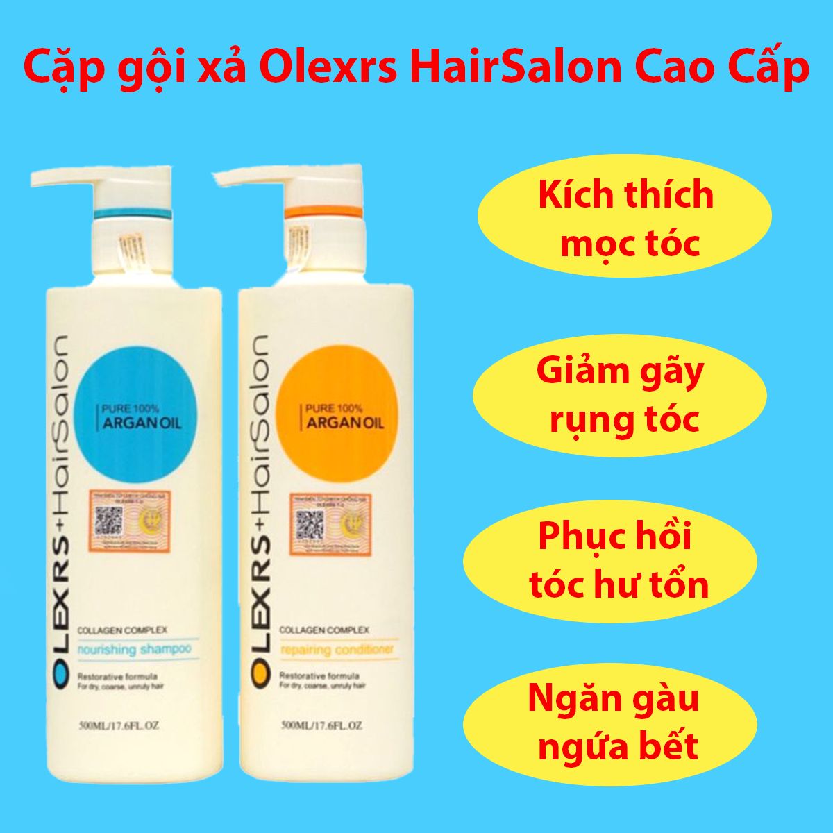 Cặp Dầu Gội Xả Olexrs 960ml Argan Oil Collagen Hair Salon phục hồi Tóc Khô Hư Tổn giảm gẫy rụng 960ml x 2 chai