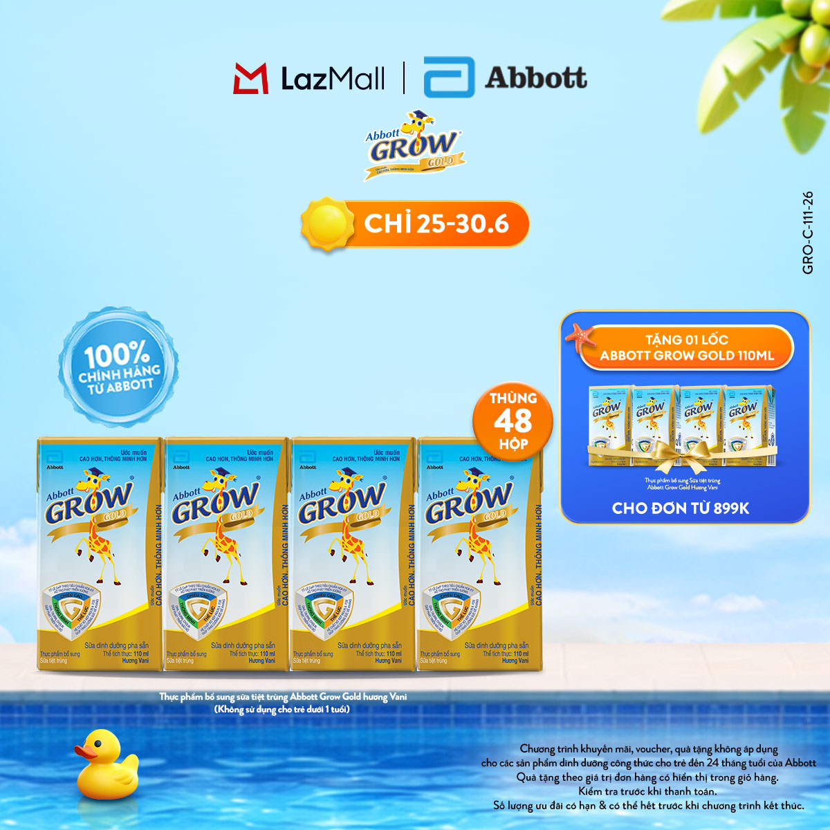 Thùng 48 hộp thực phẩm bổ sung sữa tiệt trùng pha sẵn Abbott Grow Gold hương Vani 110ml cho trẻ từ 1 tuổi