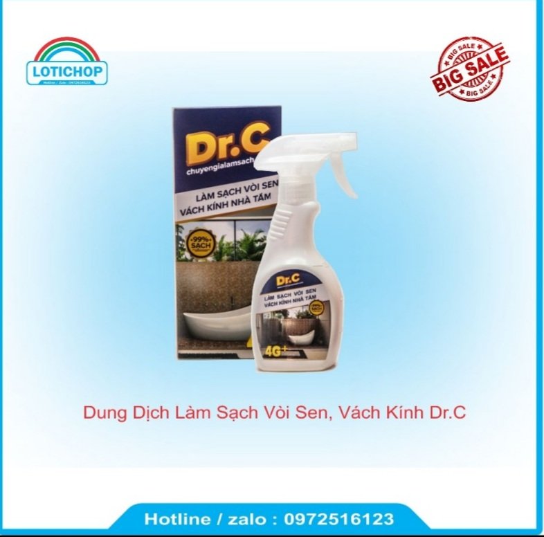 { TẶNG CHỔI CỌ}  Dung Dich Tẩy Cặn Canxi Dr.C 4G, Làm Sạch các đốm nước là cặn Canxi trên Sen Vòi Inox, chậu rửa,Cabin Tắm, chai 300ml