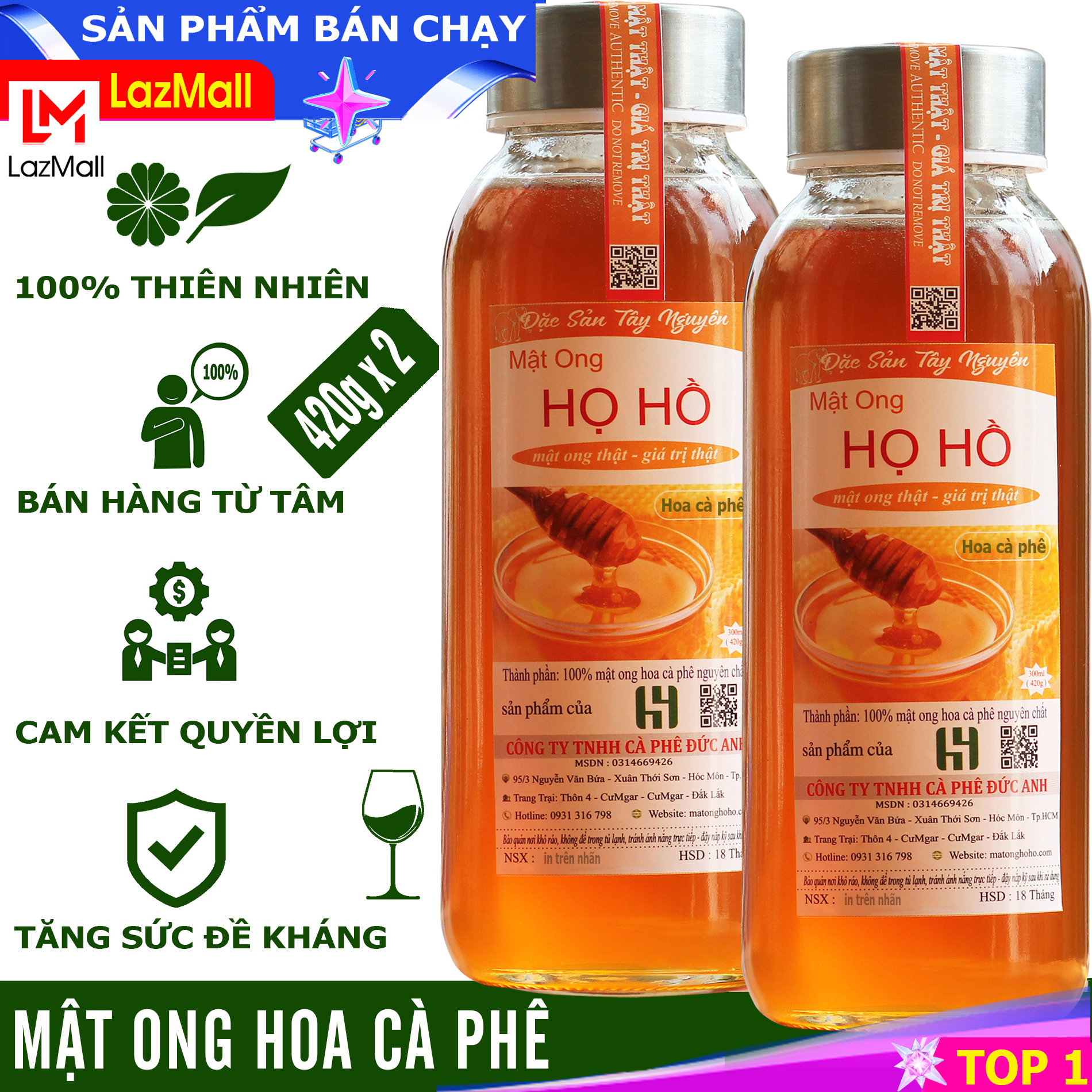 Combo 2 chai thủy tinh mật ong rừng hoa cafe nguyên chất ( mỗi chai 420gr ) Mật ong HỌ HỒ thuộc công ty TNHH cà phê ĐỨC ANH - flash sale