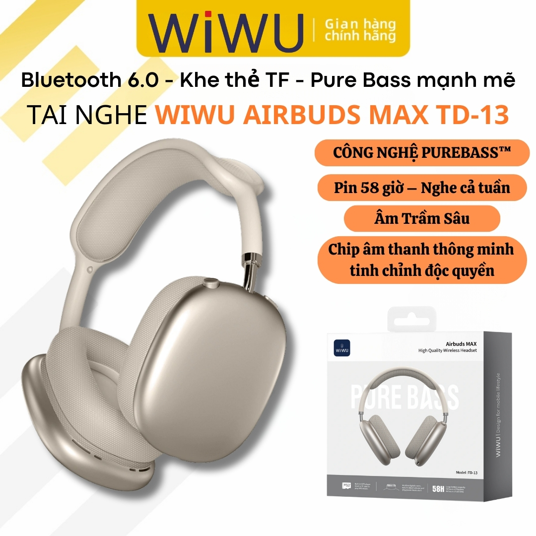 Bluetooth 6.0 Headphones with Purebass Technology ™   Wireless Wiwu Airbuds Max Td13 - 58H Battery, Super Soft Ear Cushions, Strong Bass, Supports Tf Card Slot, Powerful Pure Bass