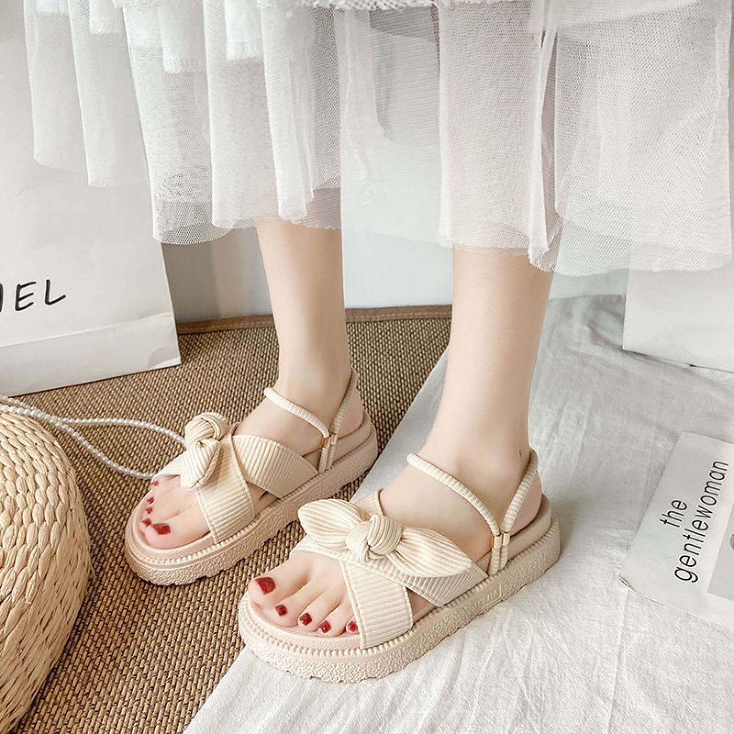 Dép sandal hai quai nơ độn đế bánh mì nữ tính ảnh thật