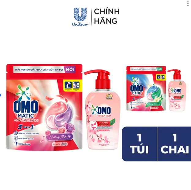 Combo Túi viên giặt tiện lợi OMO 3 trong 1 (30 viên/túi) và Nước Giặt Đồ Lót OMO Hương Hoa Anh Đào Thanh Lịch 300G