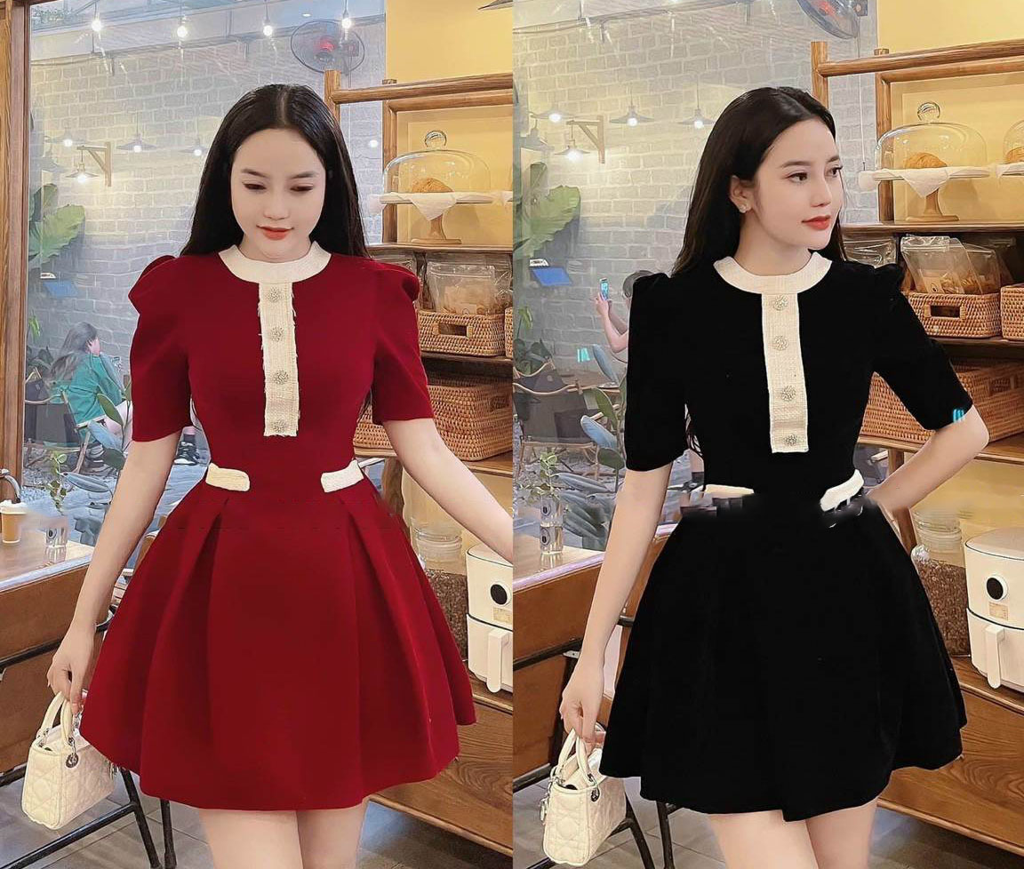 Đầm Nữ dự tiệc phối nút cổ tròn dáng xòe vải nhung thời trang HARI
