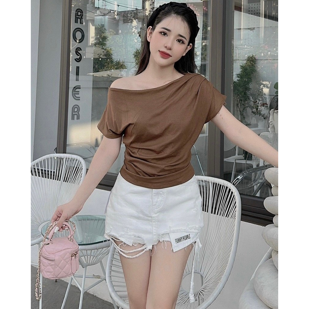 Áo thun lệch vai rúm eo che khuyết điểm tốt-áo hở vai xinh
