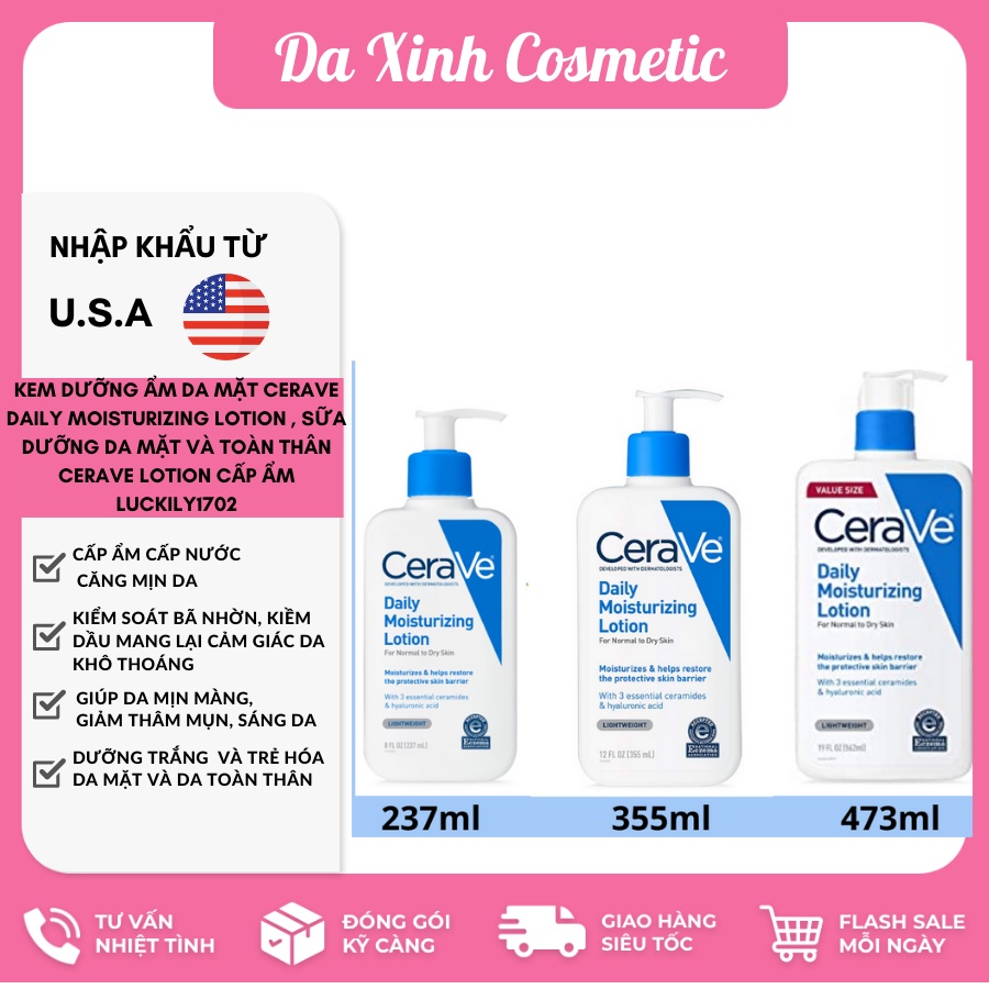 Kem dưỡng ẩm da mặt CeraVe Daily Moisturizing Lotion , Sữa dưỡng da mặt và toàn thân Cerave Lotion cấp ẩm luckily1702