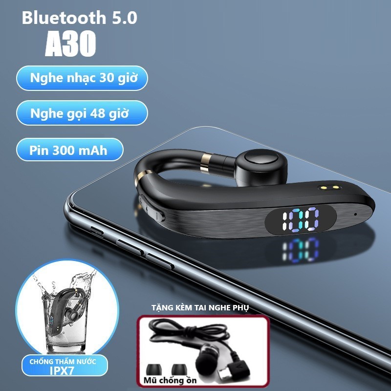 Tai nghe Bluetooth không dây Chống Thấm Nước A30. Pin 300mAh Đàm thoại 48h nghe nhạc 30h Tặng kèm tai nghe phụ. Bluetooth 5.0 kết nối 2 điện thoại. Bass treble sống động. Tai  nghe bluetooth giá rẻ