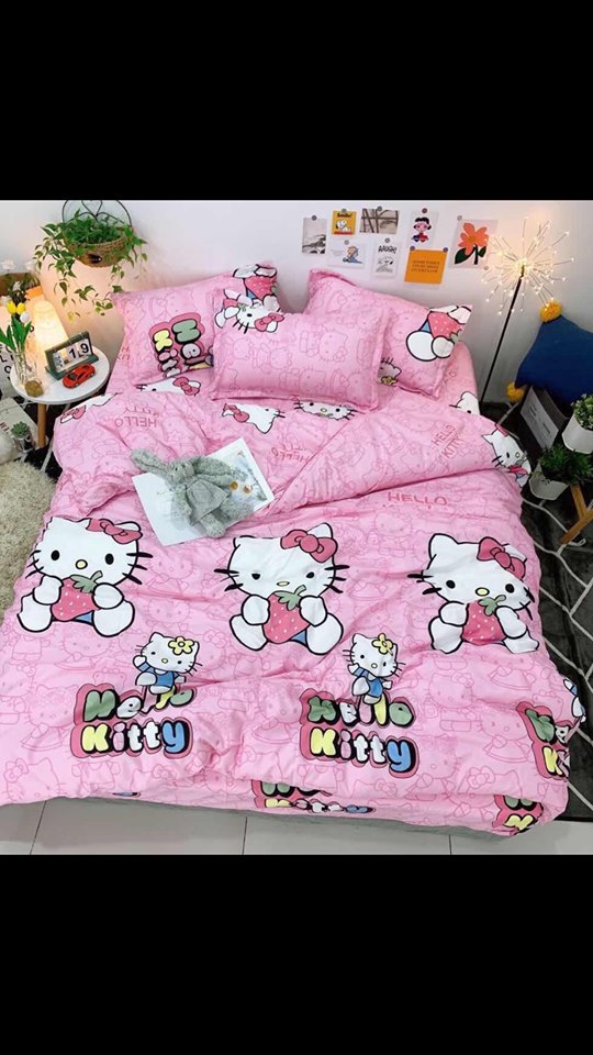 Bộ chăn ga gối phong cách hàn quốc màu hồng phấn hình hê lôkity