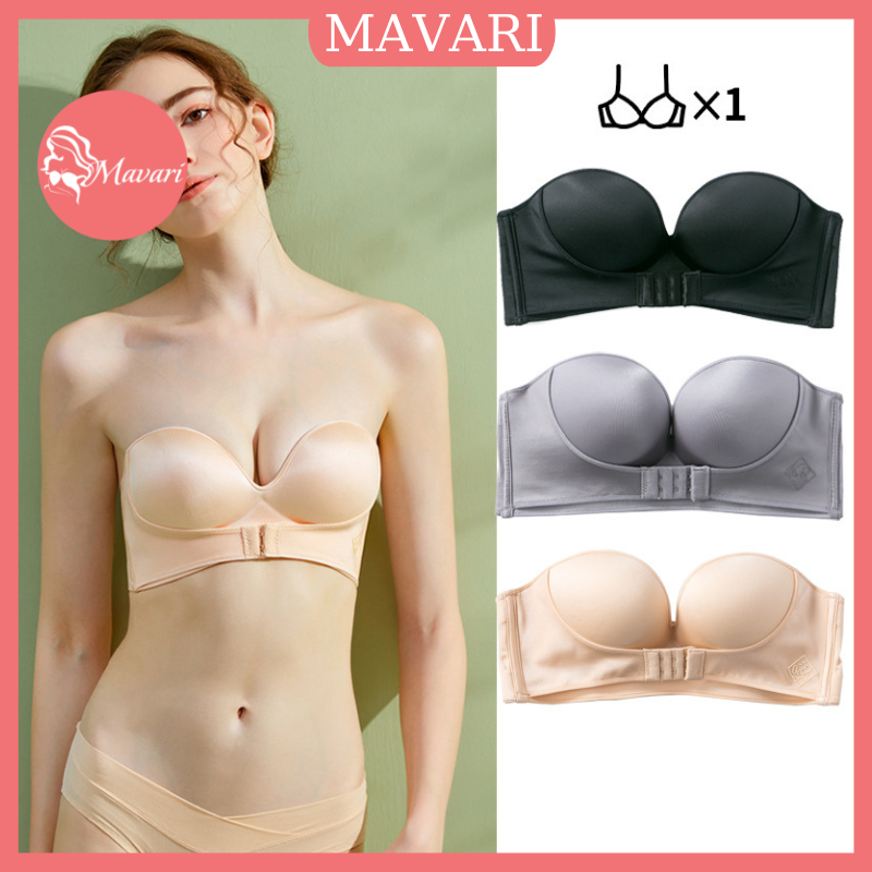 Áo ngực chống tuột không dây cúp ngang MAVARI - Áo lót không gọng mút vừa nâng ngực chất su mịn cài trước tặng kèm dây A336