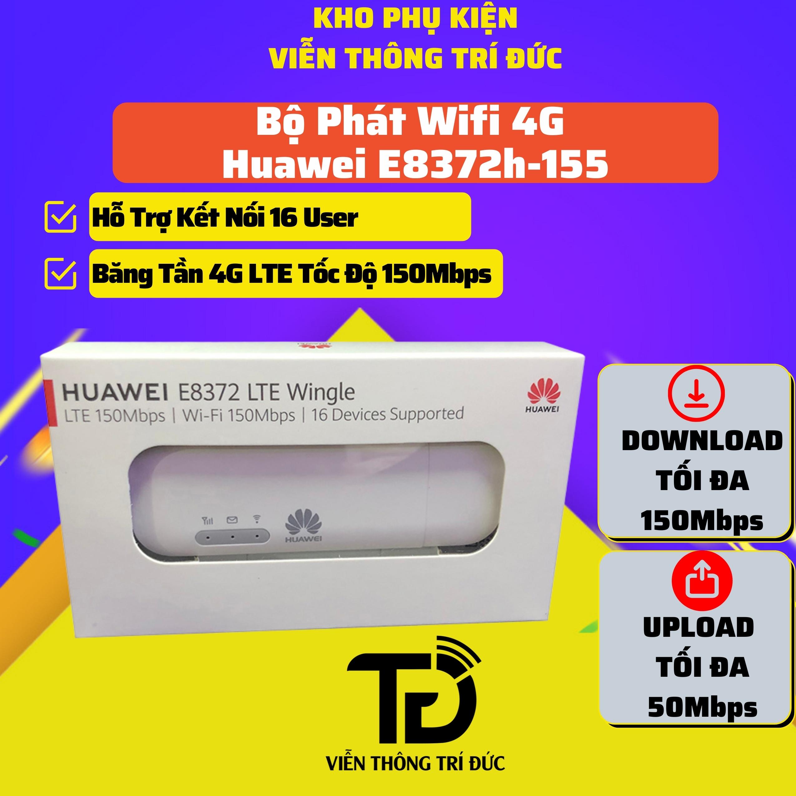 USB Phát Wifi 3G/4G Huawei E8372h-155 Đa Mạng, Tốc độ 150Mbps, Hỗ trợ kết nối 16 User, Thiết bị phát wifi chuẩn 4G LTE