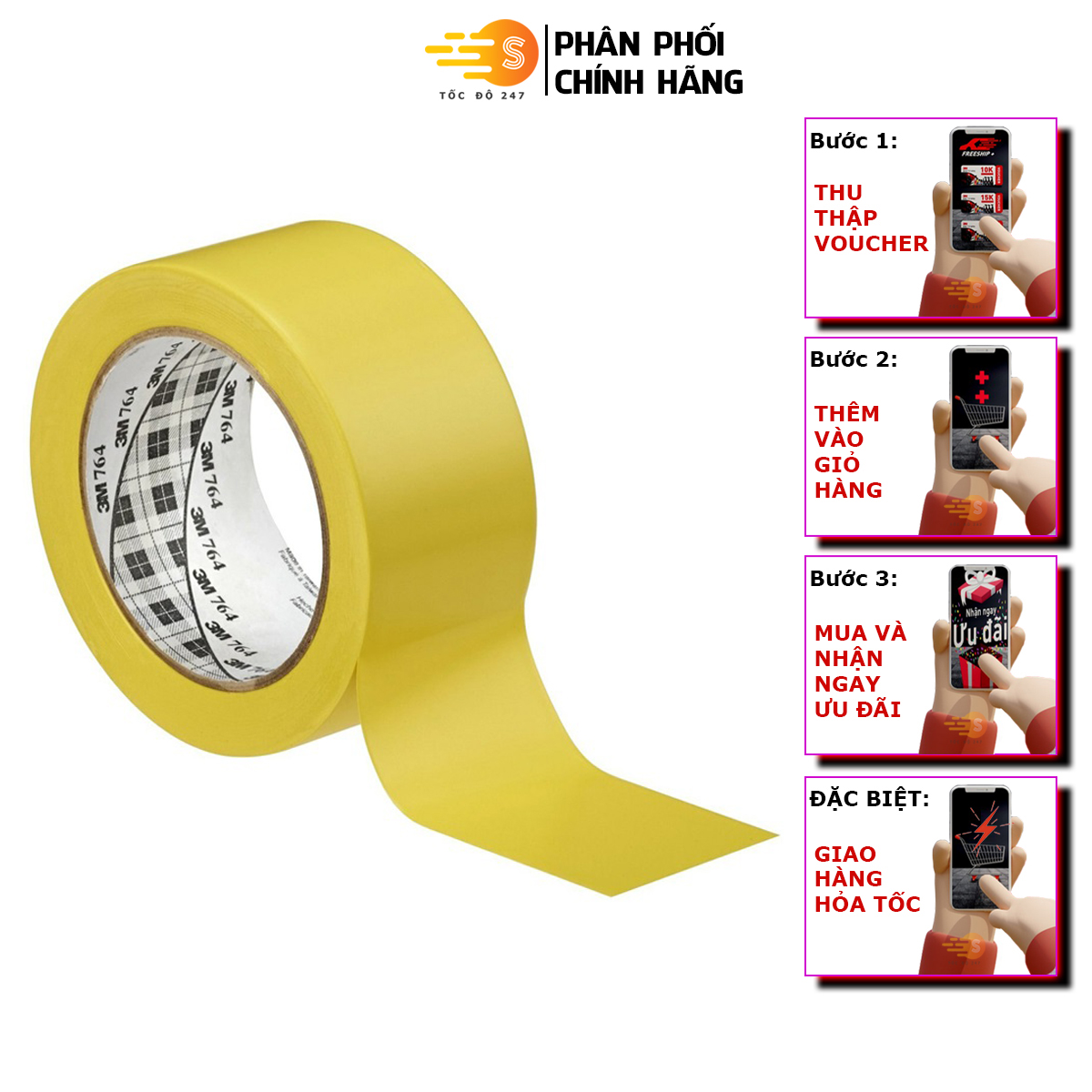 Băng keo dán nền nhiều màu chịu nhiệt 50mm x 33m 3M 764 - Tốc Độ 247 kẻ vạch phân làn đường chịu nhiệt cao