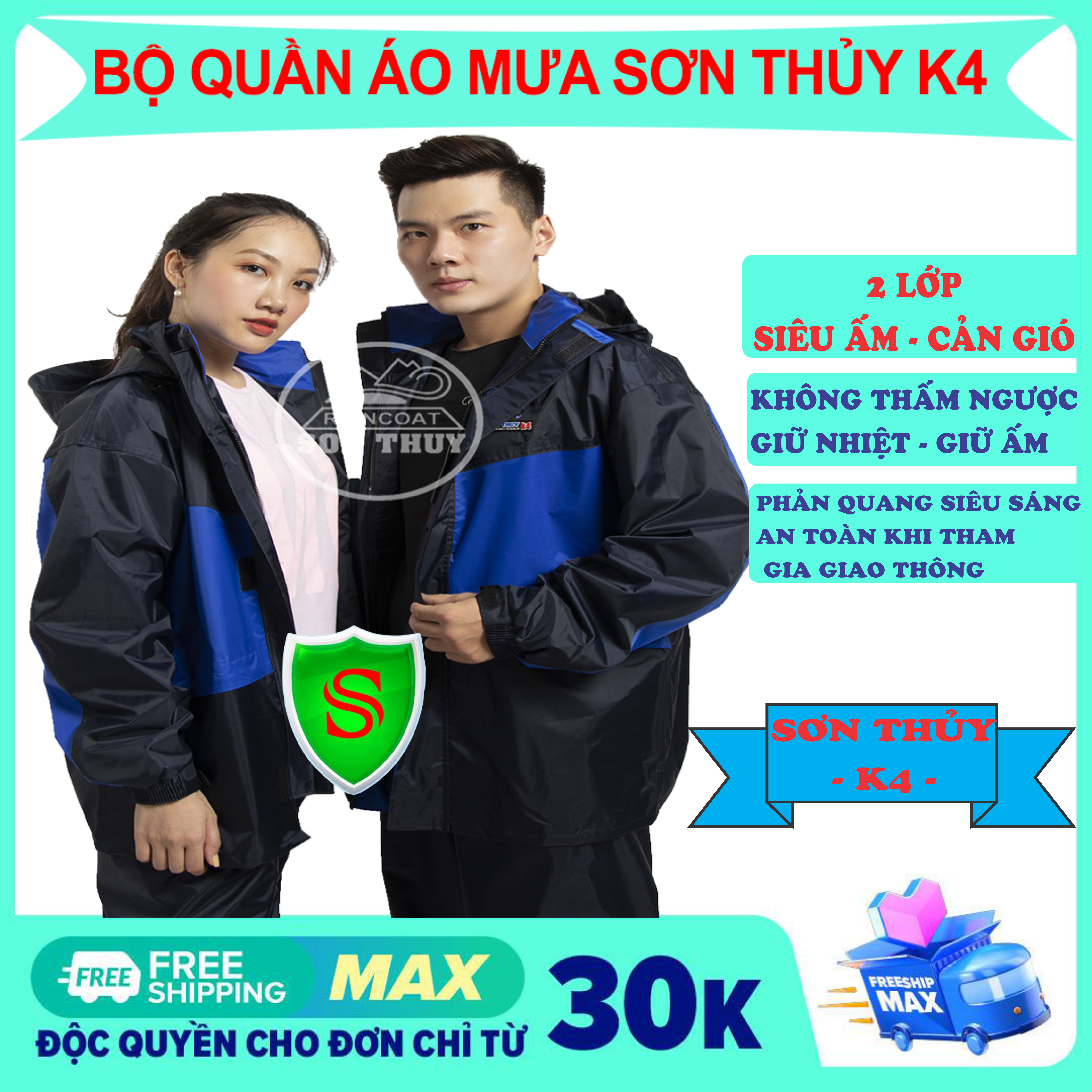 [FREESHIP - BỘ QUẦN ÁO ĐI MƯA 2 LỚP] - ÁO MƯA BỘ - SƠN THỦY - 2 LỚP; Bộ áo mưa 2 lớp Sơn Thủy K4- bộ quần áo đi mưa chống lạnh màu xanh cải than chất lượng cao đủ size từ M đến 3XL