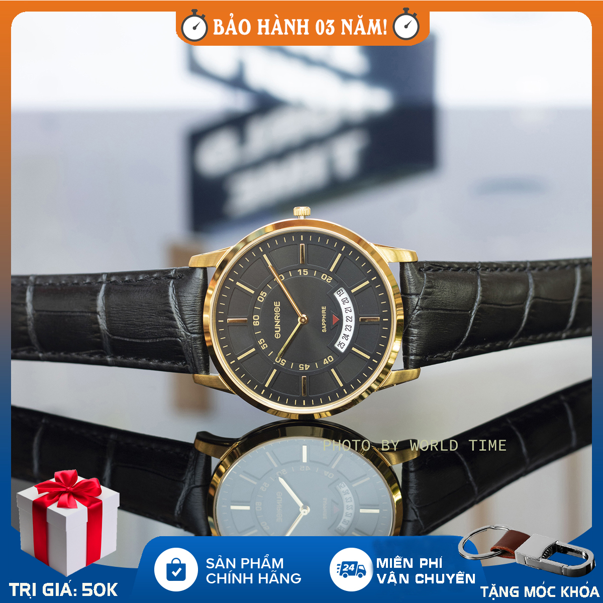 Đồng hồ nam Sunrise DM1118SWA B, Full hộp, thẻ bảo hành hãng, kính Sapphire chống xước, chống nước, dây da
