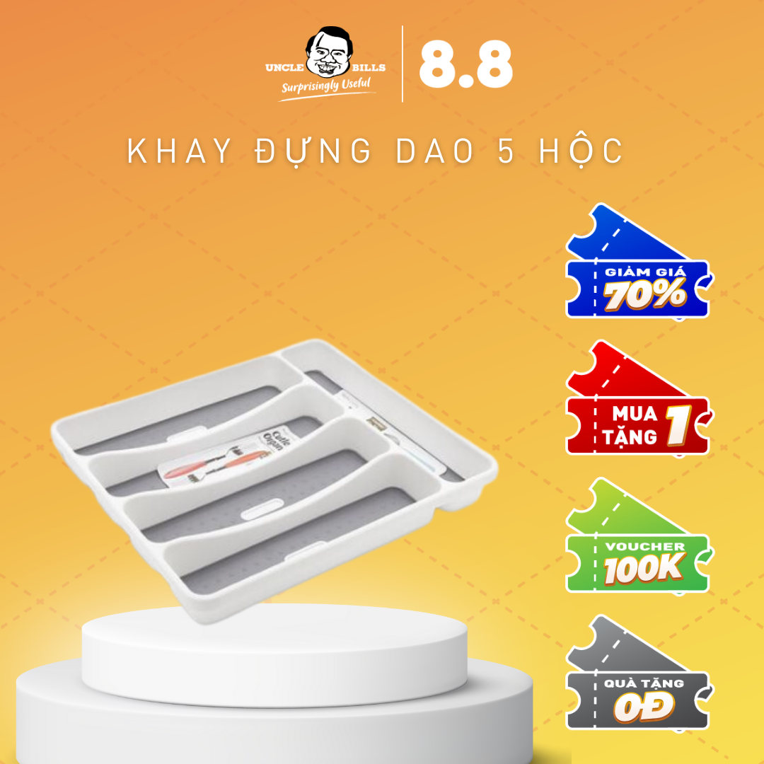 Khay 5 Hộc Chia Ngăn Kéo Đựng Muỗng Nĩa UBL KS0688 (Trắng Xám)