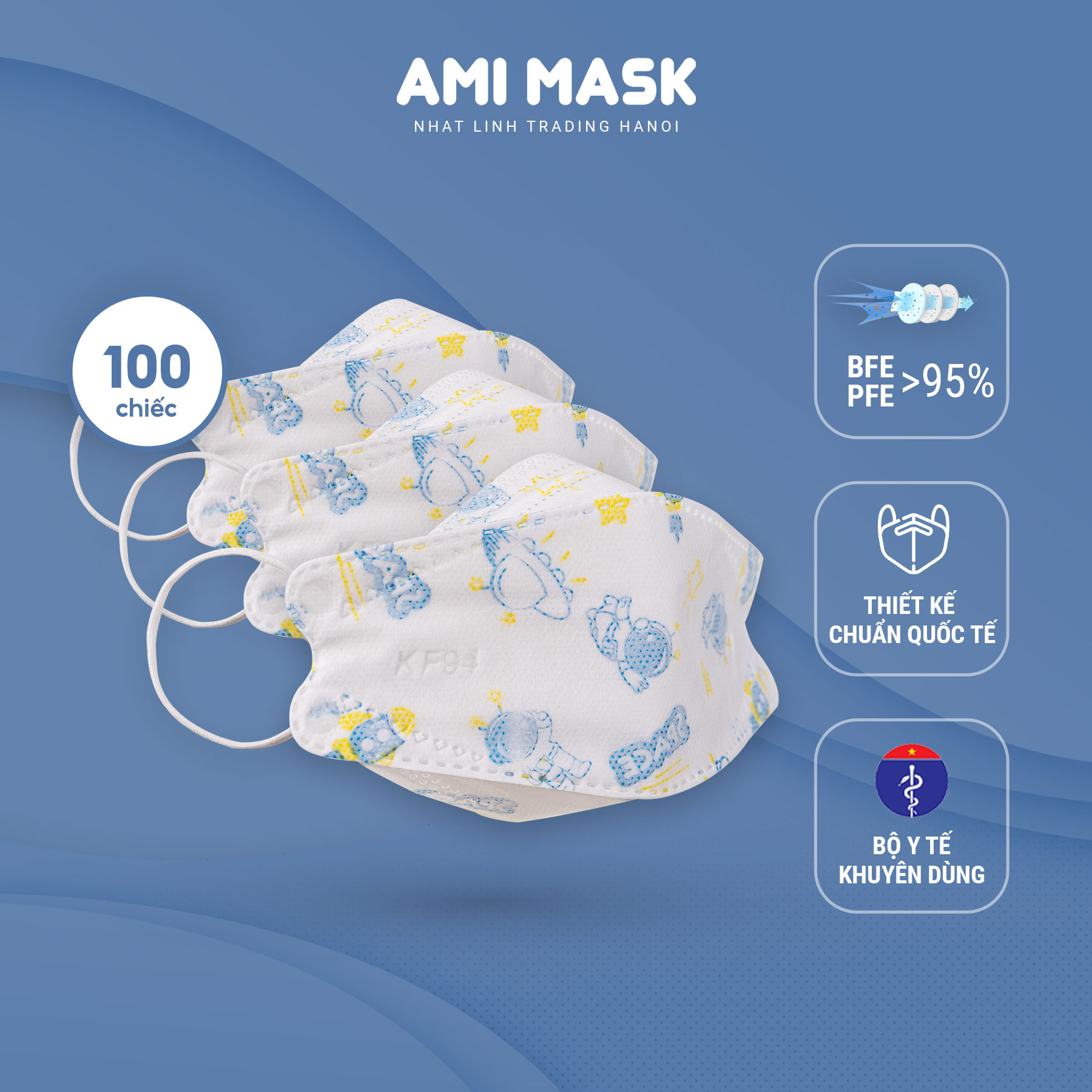 [30-100 chiếc] Khẩu trang y tế trẻ em AMI KF94 Mask for kids 4 lớp kháng khuẩn, chống bụi mịn an toàn cho bé