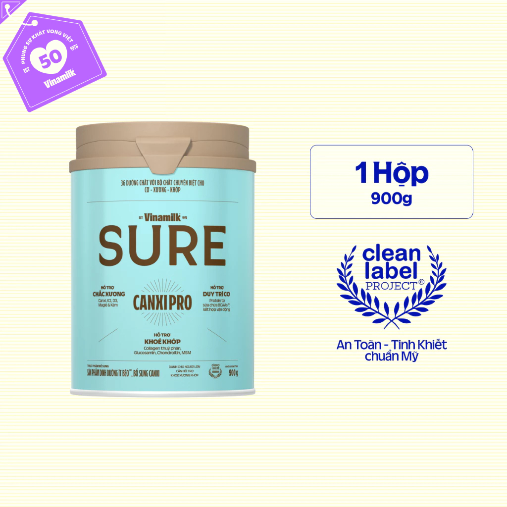 Sữa bột Vinamilk SURE CanxiPro 900g - Sữa bổ sung Canxi, Tốt cho xương khớp
