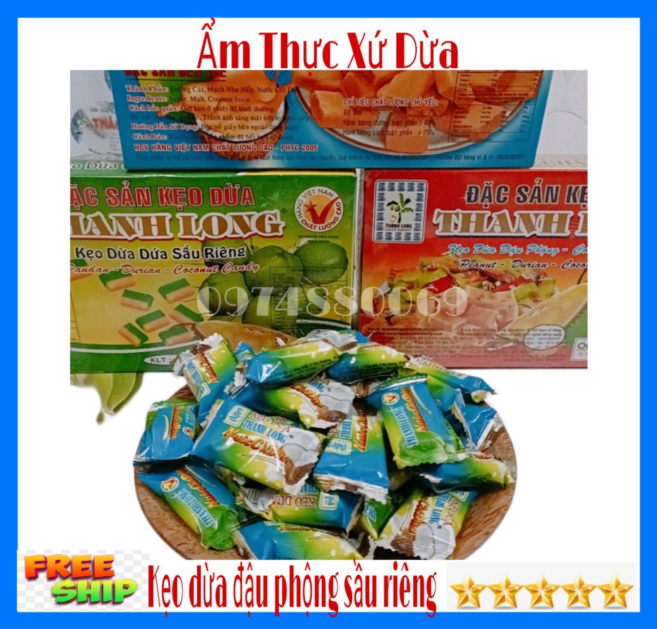 Hộp 400gr Kẹo dừa đậu phộng Sầu riêng Thanh Long Loại đặc biệt