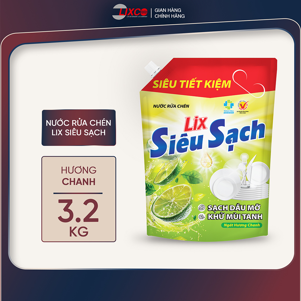 Nước rửa chén LIX 3.2KG siêu sạch hương chanh loại túi N4308 làm sạch vết bẩn dầu mỡ không hại da tay - Lixco Việt Nam