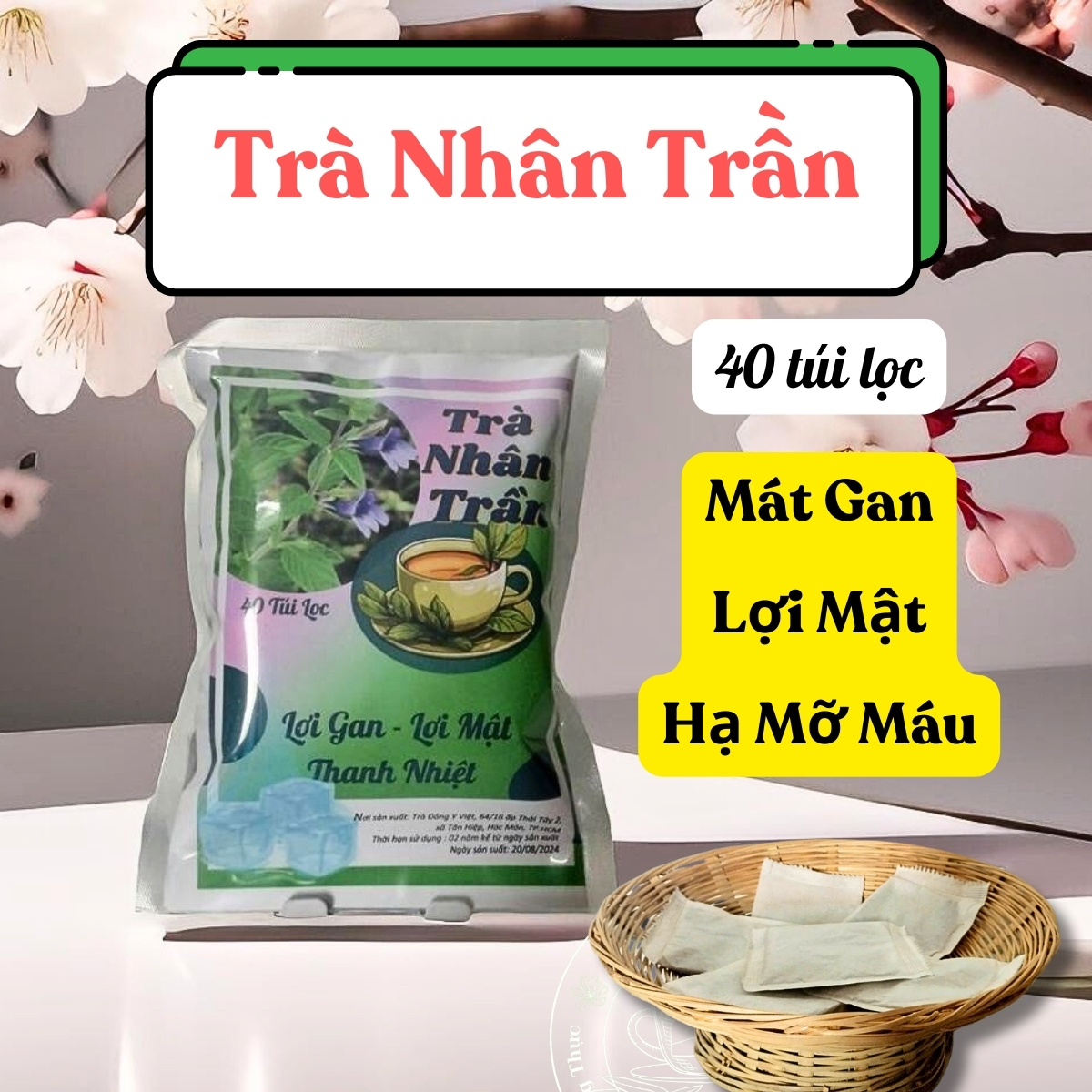 Trà Nhân Trần 40 túi lọc, mát gan, lợi mật, hạ mỡ máu, trà túi lọc tiện lợi
