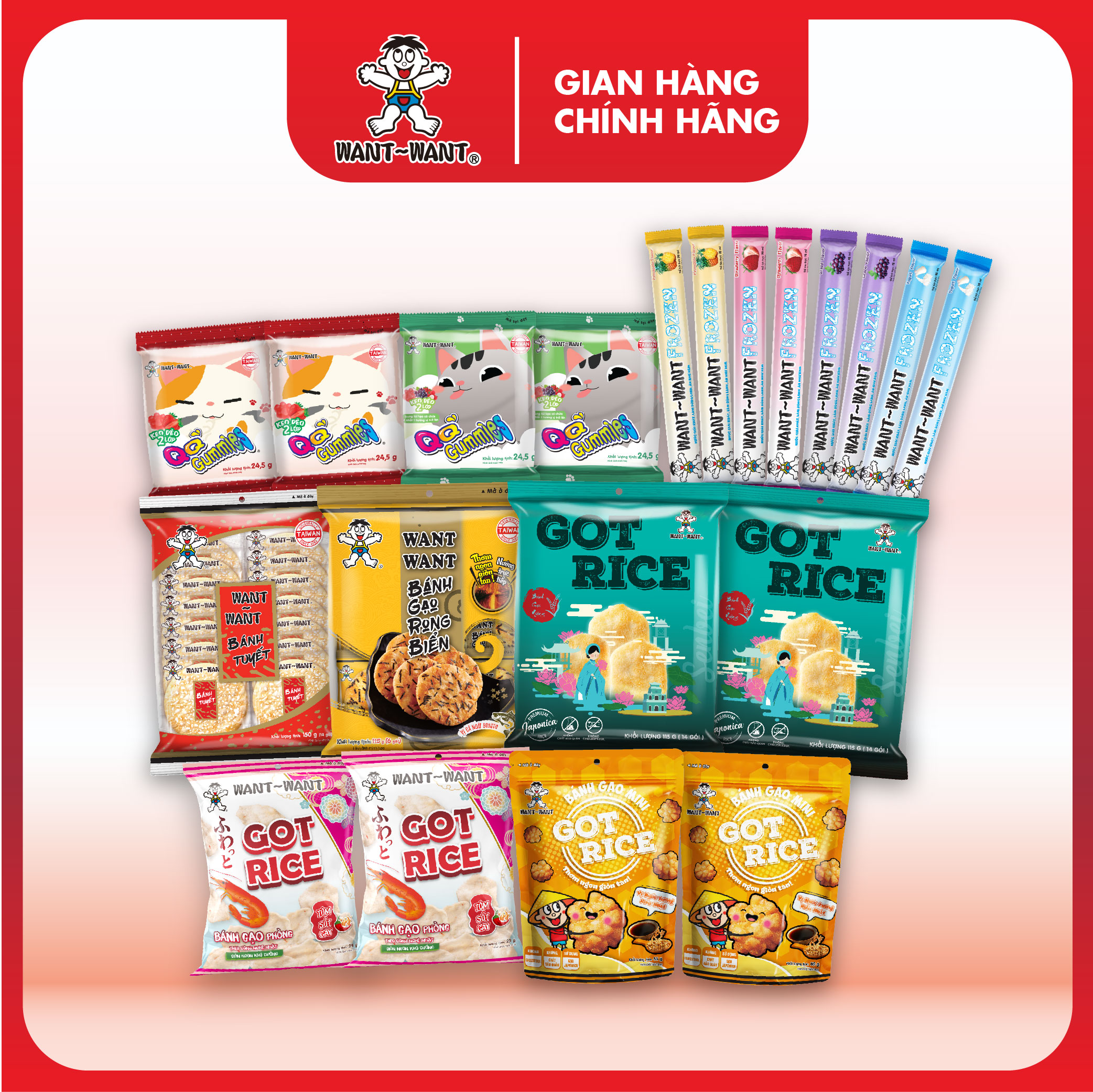 Combo 20 Gói Bánh Gạo, Snack Gạo, Kẹo Dẻo Và Nước Giải Khát Want Want Nhiều Hương Vị, Đồ Ăn Vặt Giòn Ngon Tiện Lợi