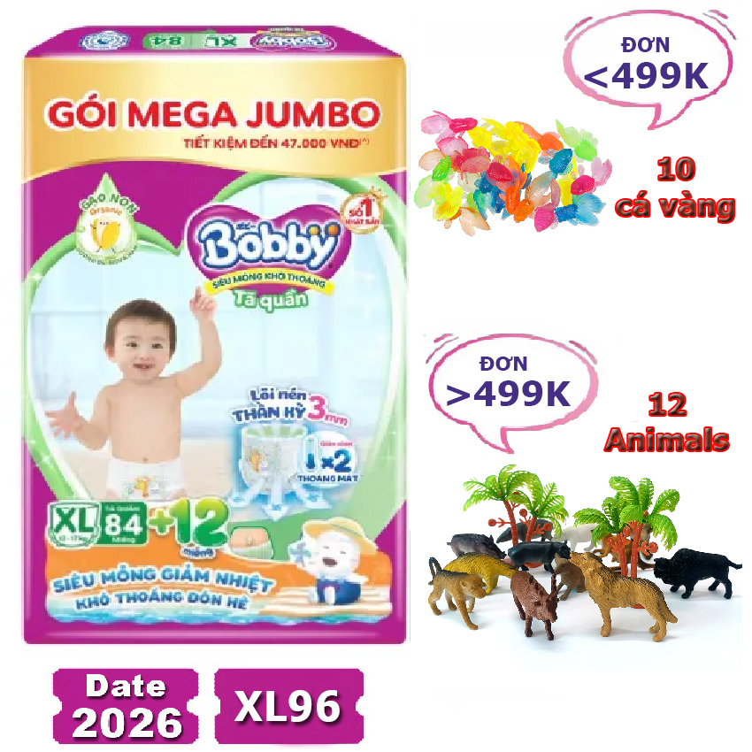[Tặng đồ chơi thú rừng 79K đơn trên 499K] Tã quần Bobby XL84 mẫu mới Date 2026 Mega Jumbo (tã/bỉm quần Bobby size XL 84 miếng, bỉm quần Bobby XXL 76 miếng)