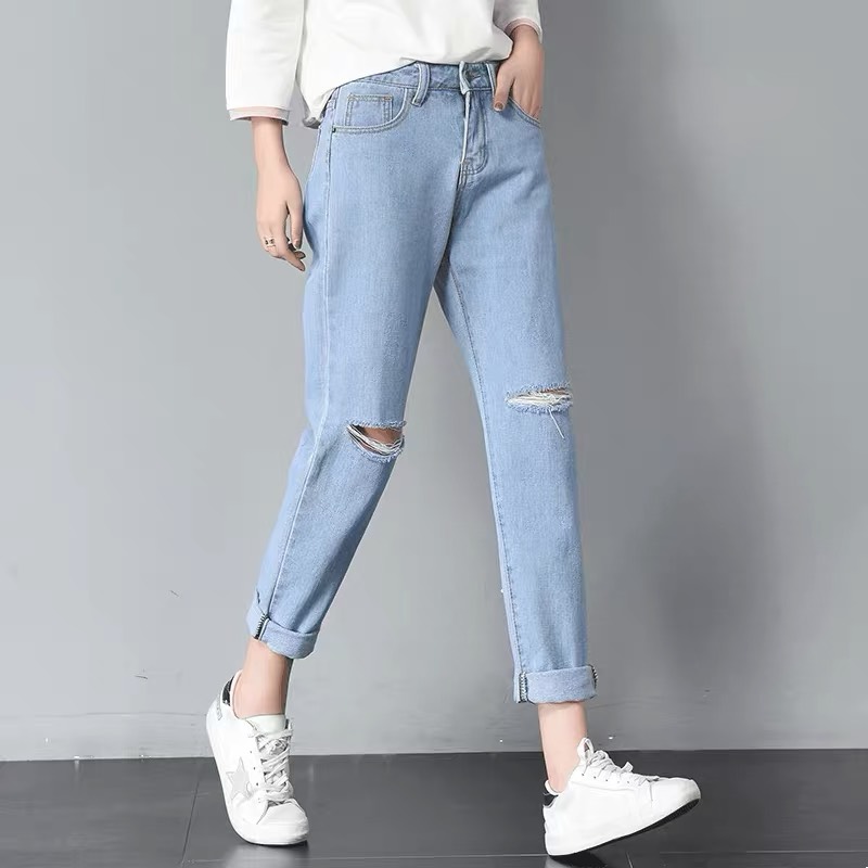 Quần jean baggy nữ Rách 2 Gối lưng cao phom rộng hot hit phong cách hàn quốc Moliruan