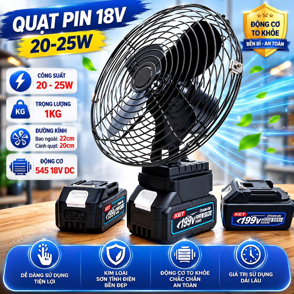 Quạt Tích Điện dùng Pin Dùng 8H, Quạt Makita, Quạt Để Bàn Tích Điện 2 Cấp Độ Gió Siêu Mát
