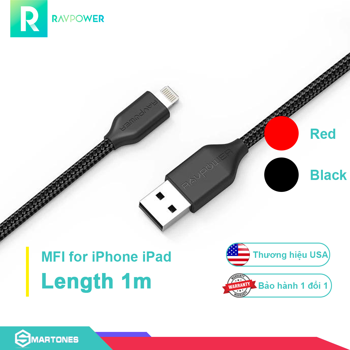 Dây cáp sạc RAVPOWER RP-CB019 USB A to Lightning chuẩn MFI, sợi Nylon dài 1m cho iPhone iPad