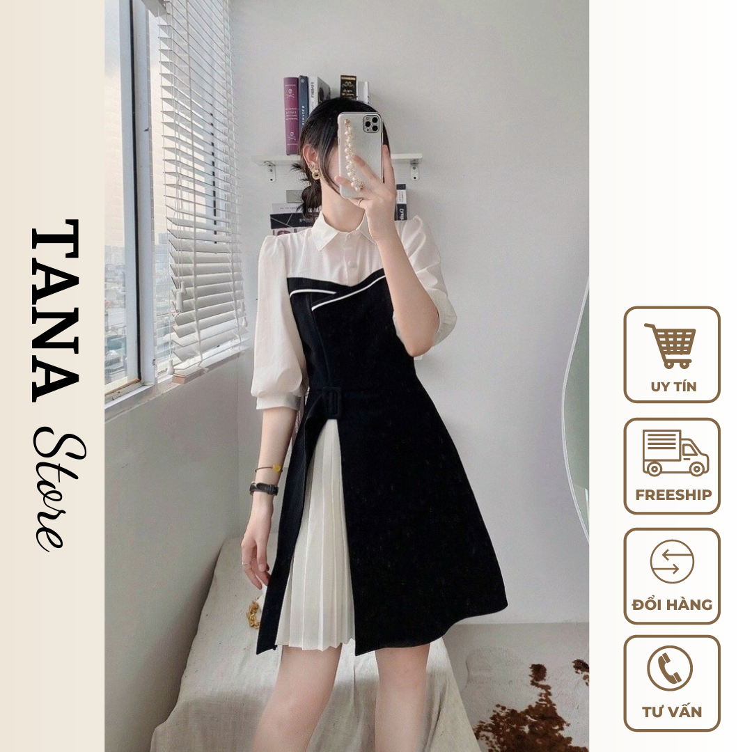 Đầm công sở phối màu đen trắng mặc đi làm hay đi chơi đều tiện TANA D0365