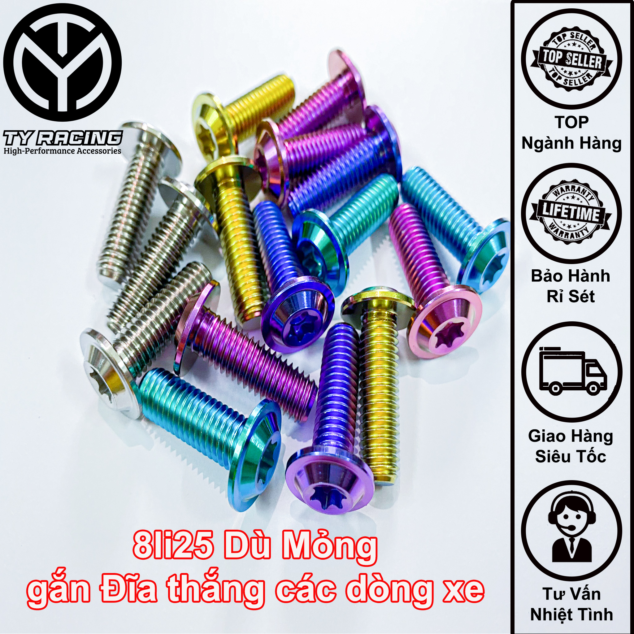 Ốc Titan 8li25 gắn Đĩa Dù to mỏng Chuẩn GR5 xịn - TY Racing
